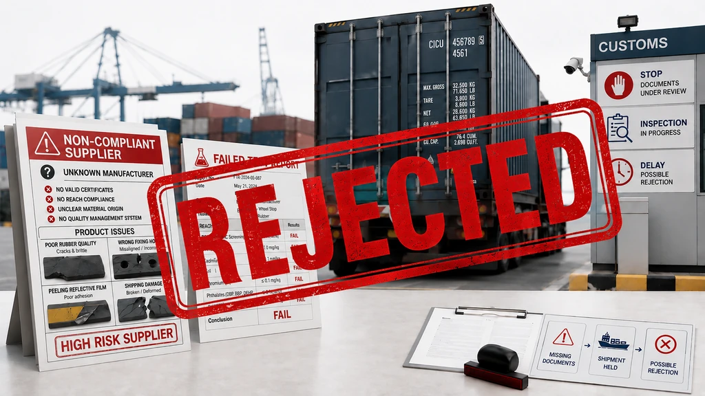 Rejected supplier shipment at customs with non-compliance documents and failed product inspection