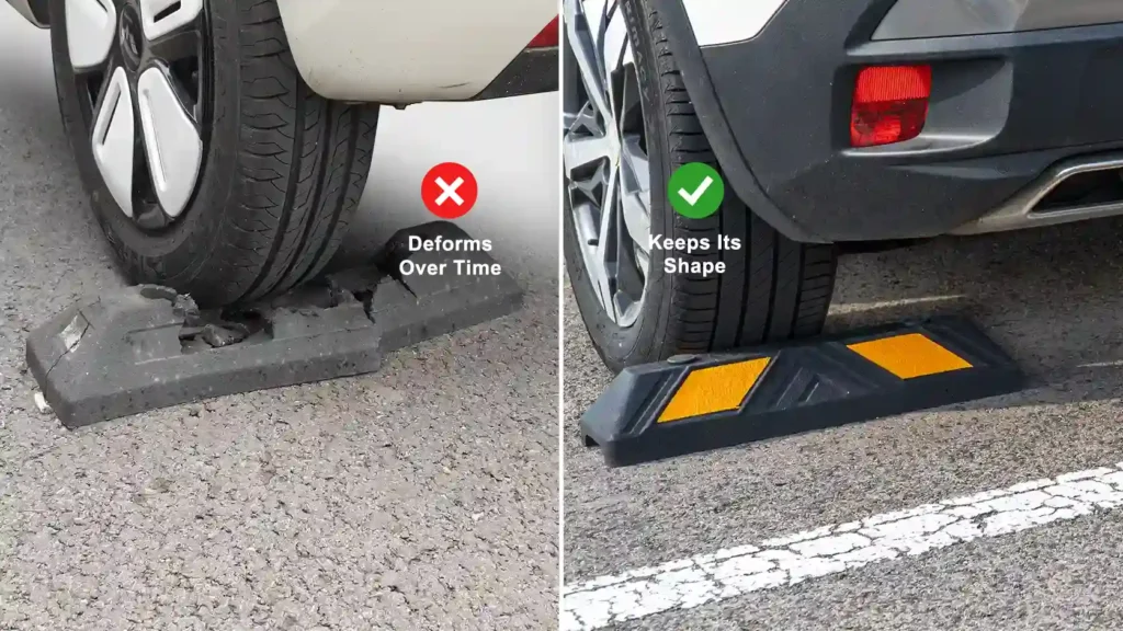 Comparison of damaged and properly installed wheel stops for parking areas
