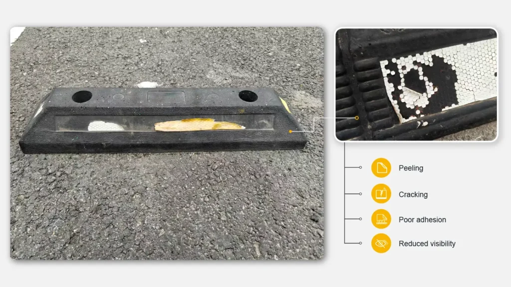 Close-up view of wheel stop defects including peeling, cracking and poor adhesion