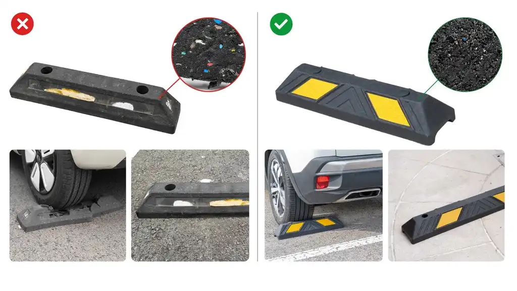 Wheel stop quality comparison showing damaged and durable rubber parking stops