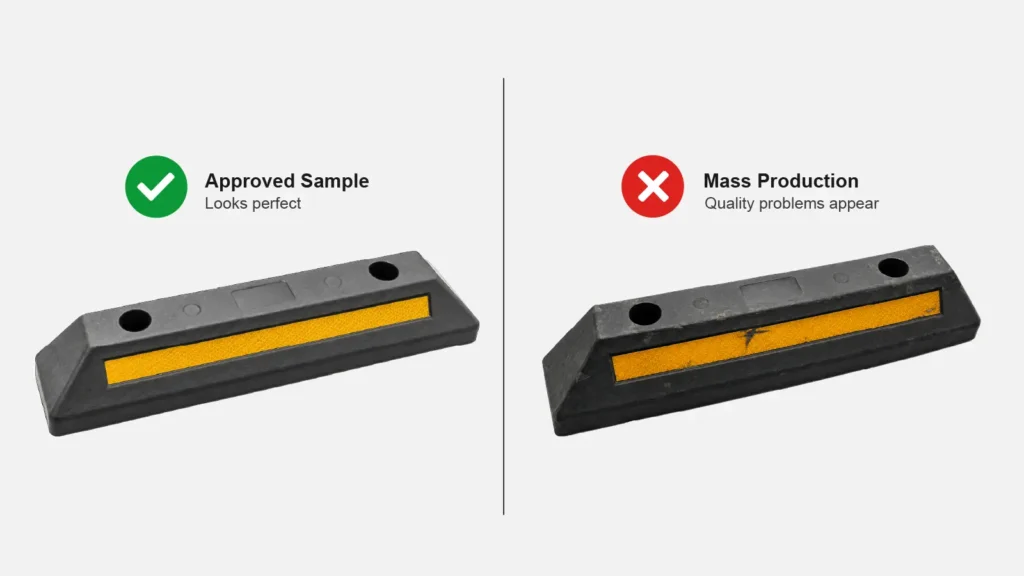 Wheel stop quality inspection comparing approved samples and production results