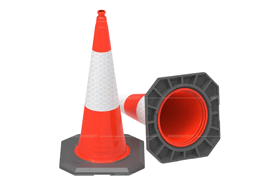 1-metre HDPE two-piece safety cone displayed standing beside its weighted composite base.