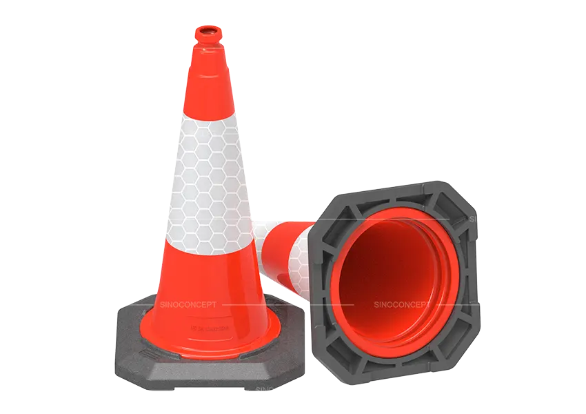500 mm HDPE two-piece traffic cone shown upright and on its side with weighted base.