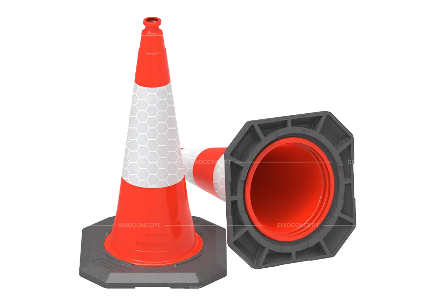 750 mm HDPE two-piece road cone with reflective sleeve and separate view of the base.