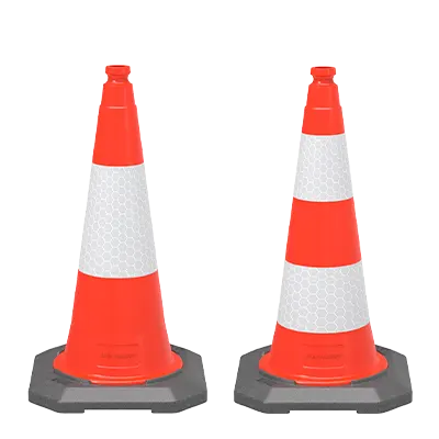 Two 500 mm HDPE traffic cones with single and twin reflective sleeves and weighted composite bases.