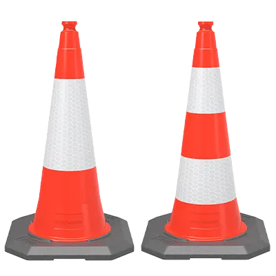 Two 750 mm two-piece traffic cones with HDPE bodies and weighted plastic-rubber composite bases.