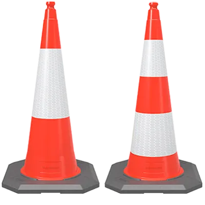 Pair of 1000 mm heavy-duty HDPE traffic cones with reflective sleeves and weighted bases.
