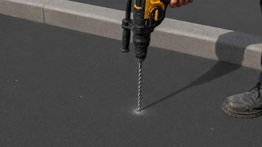 Drilling holes in the road surface with a rotary hammer for speed cushion anchor installation.