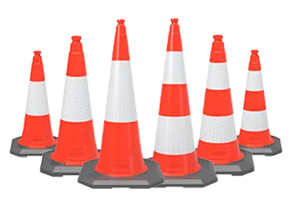 Full range of HDPE traffic cones in different heights with weighted composite bases.