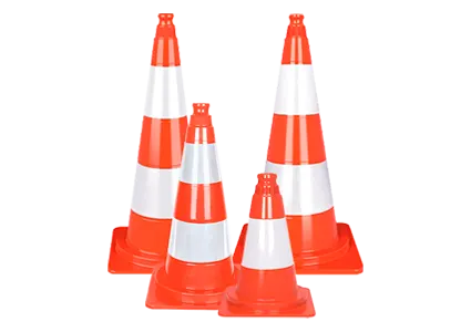 PVC traffic cones in four models with reflective sleeves and matching orange standard bases.