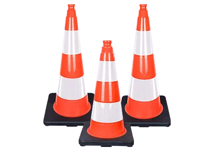 PVC traffic cones in three models with reflective sleeves and black weighted bases.