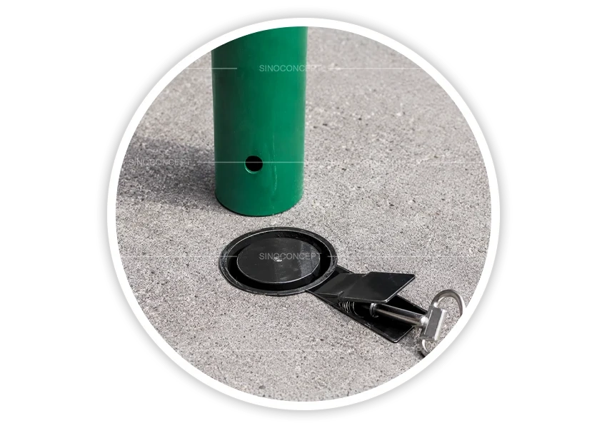 Removable bollard socket with locking cover and key for flexible access control on paved surfaces