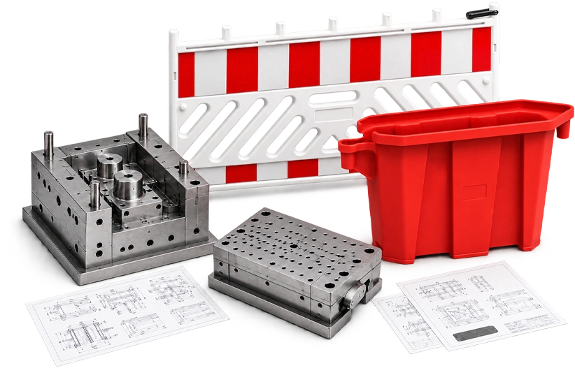 Custom mould for road safety equipment production with plastic components and engineering drawings