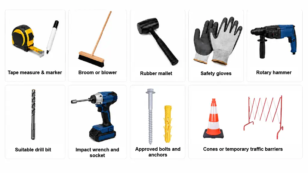 Tools required for speed cushion installation, including drill, mallet, anchors, tape measure and safety equipment