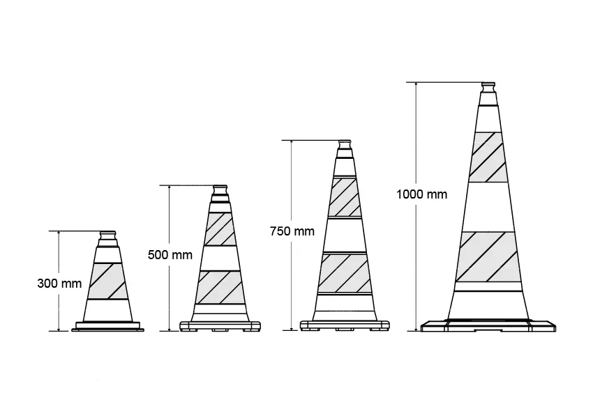 Line drawing of four traffic cones measuring 300, 500, 750 and 1000 mm high.