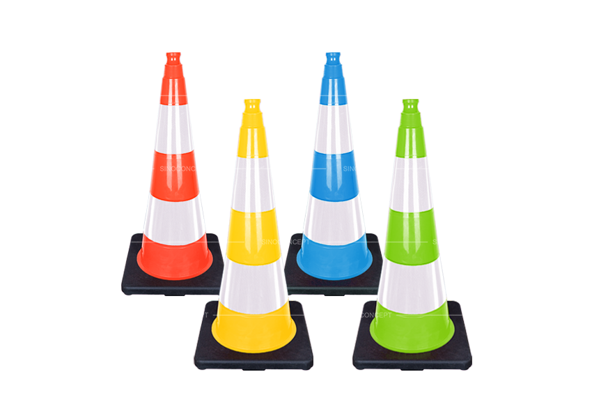 Orange, yellow, blue and lime green PVC traffic cones with reflective sleeves and weighted black bases.