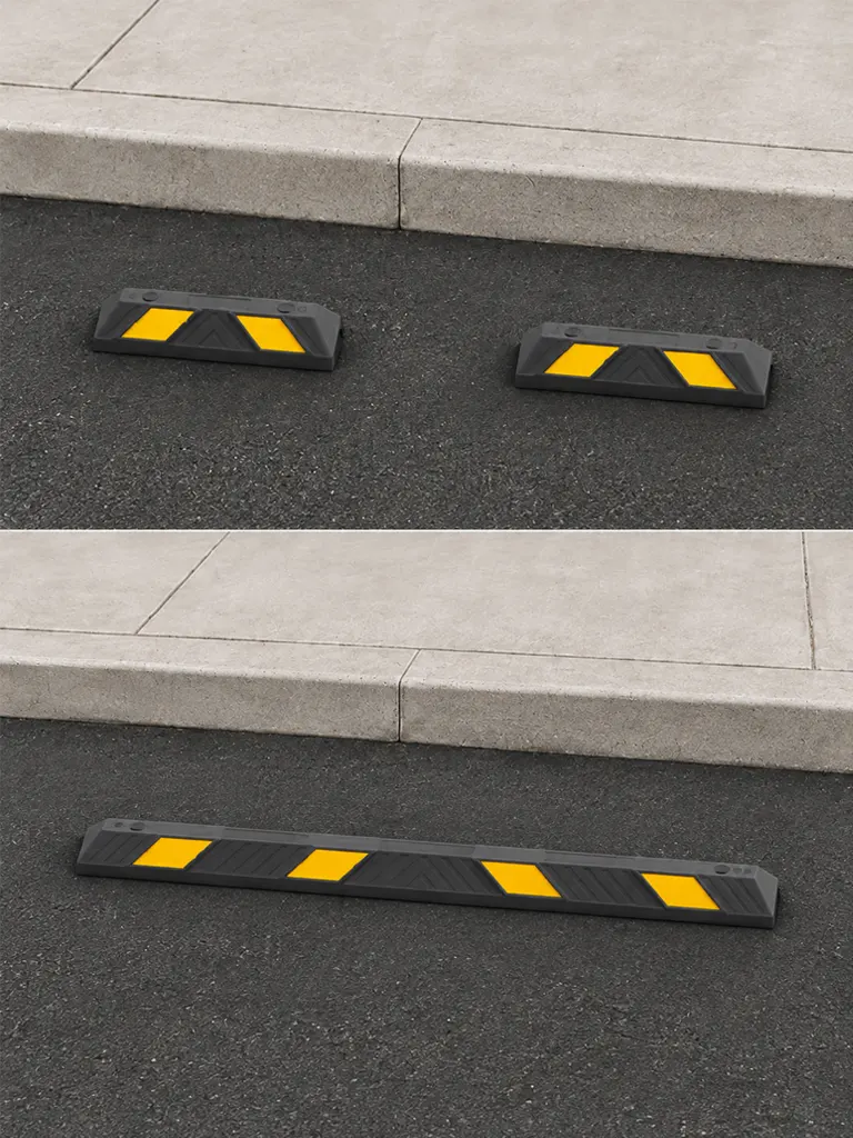 Wheel stop length comparison showing short paired wheel stops and a full-length parking wheel stop.