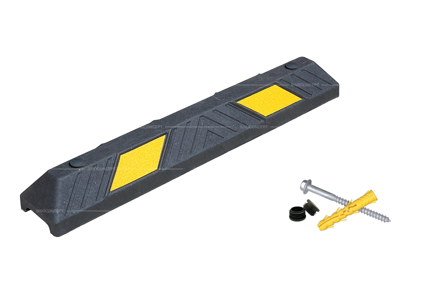 900 mm wheel stop supplied with installation accessories, plastic-rubber composite and reflective markings for improved parking accuracy