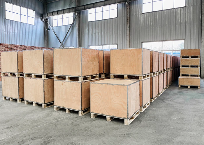 Wooden export crates packed and stored on pallets before international