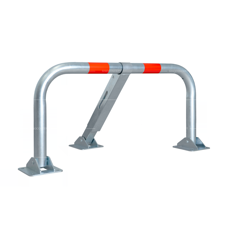 Heavy-duty folding parking barrier electro-galvanised with red reflective strips in upright position for reserved bay protection