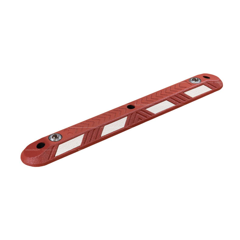 A red plastic-rubber composite high visibility lane separator with white reflective films and 360° solid glass road studs for enhancing visibility