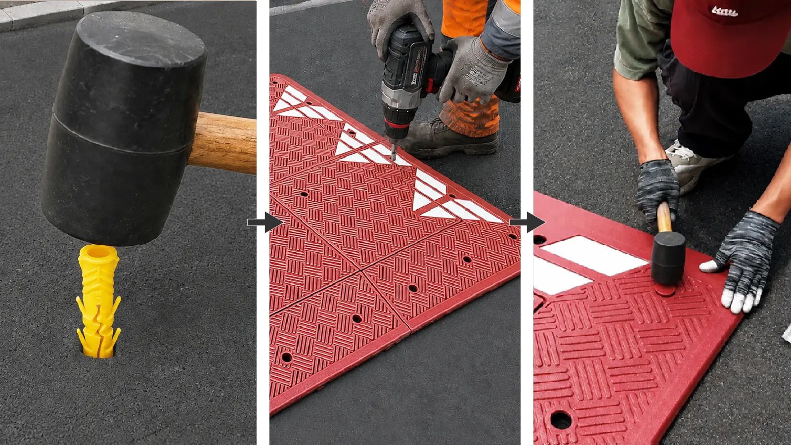 Installing anchors and fixing bolts to secure a modular speed cushion to the road surface