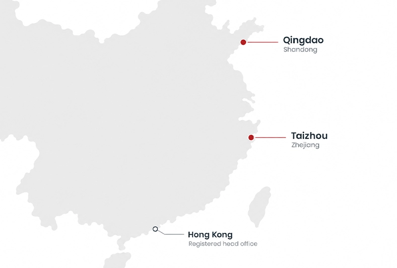 Map showing Sino Concept locations in Qingdao, Taizhou and the registered head office in Hong Kong