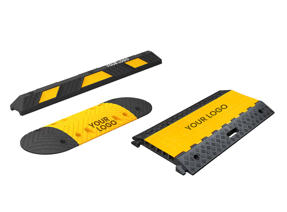 Sino Concept custom product branding shown across wheel stops, speed bumps and cable ramps with customer logos