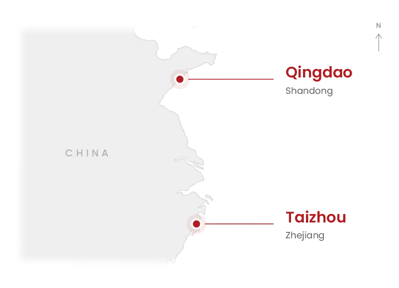 Map showing Sino Concept production locations in Qingdao, Shandong and Taizhou, Zhejiang, China