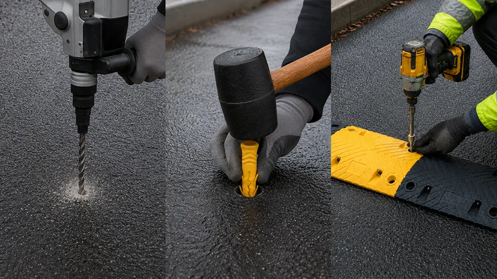 Speed bump installation steps including drilling anchoring and fastening