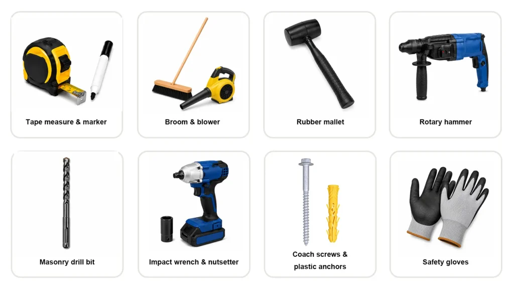 Tools required for installing a speed bump including drill and screws