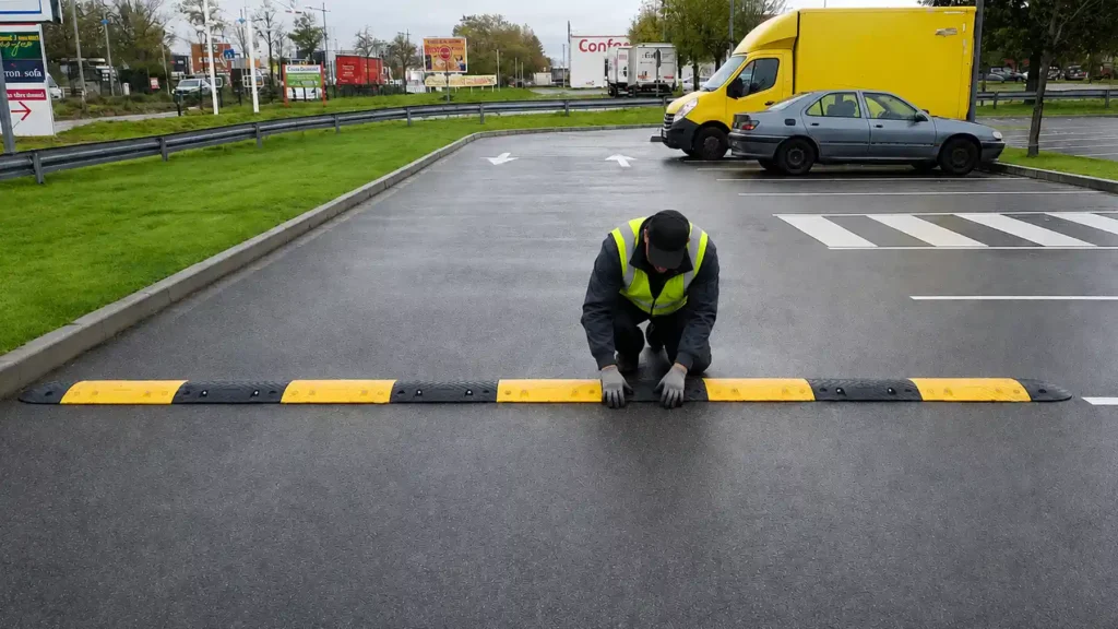 Worker installing a modular speed bump on a commercial road surface