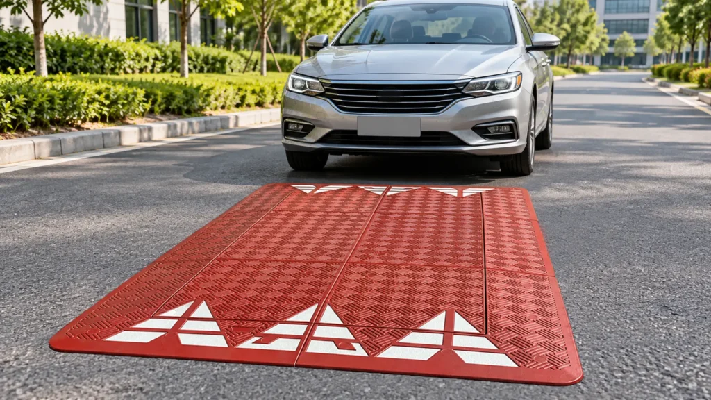 Passenger vehicle driving over a modular speed cushion installed on an asphalt road
