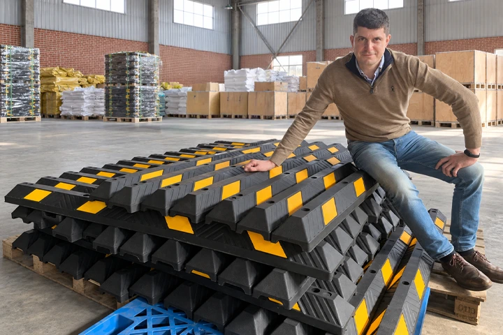 Rubber wheel stops stacked on pallets at the production site before packing and shipment