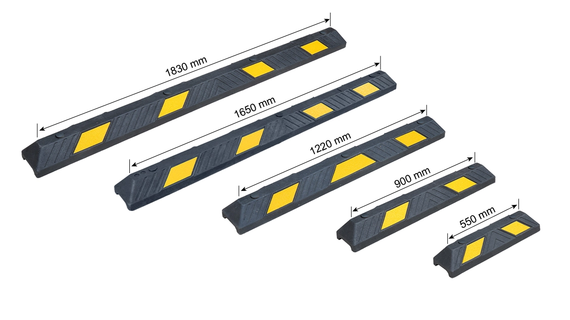 Wheel stop sizes and applications showing different lengths from 550 mm to 1830 mm for various parking layouts